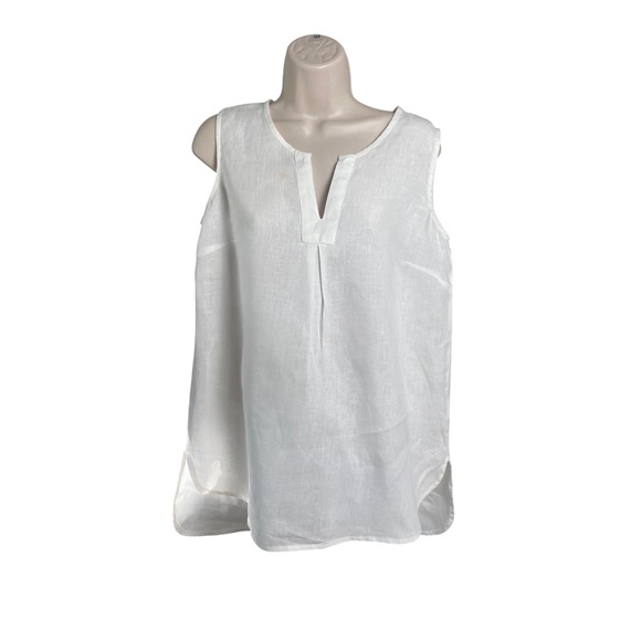 Ellen Tracy White 100% Linen Sleeveless V-Neck Blouse, Hi- Low Hem Size Small - Picture 1 of 8